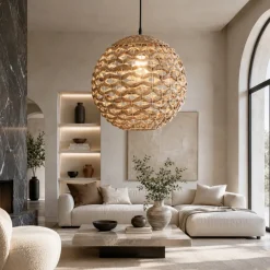 Lampadari Moderni-Selezionato da Mazzolaluce Lampadario sfera di rattan 50 cm e giaciglio essiccato per soggiorno