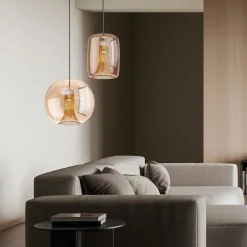 Lampadari Moderni-Selezionato da Mazzolaluce Lampadario sfera di vetro ambra trasparente struttura oro