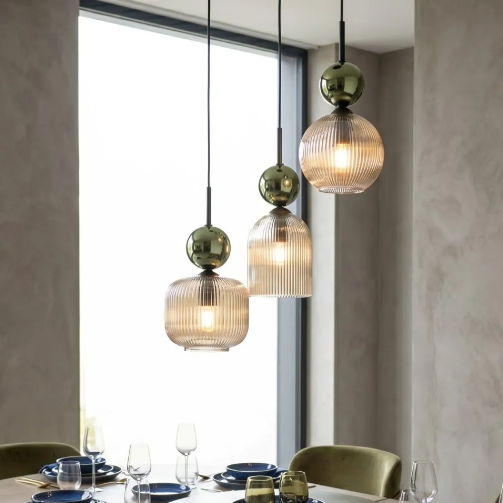 Lampadari Moderni-Selezionato da Mazzolaluce lampadario 3 sfere di vetro verde ambra a sospensione
