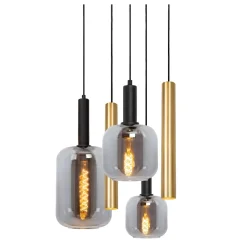 Lampadari Moderni-Selezionato da Mazzolaluce Lampadario sfere vetro e cilindri oro a sospensione per soggiorno