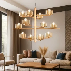 Lampadari Moderni-Ondaluce Lampadario so figaro 12 luci oro vetri ambra per salone