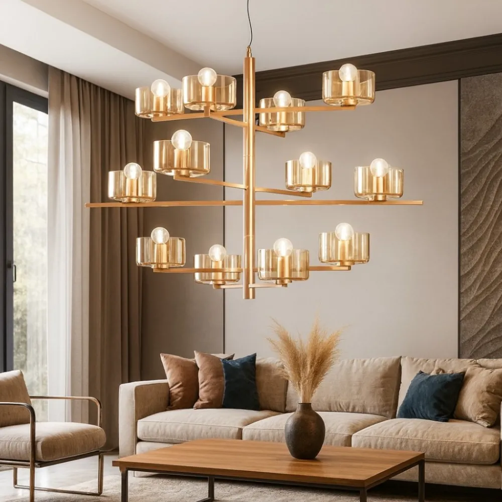 Lampadari Moderni-Ondaluce Lampadario so figaro 12 luci oro vetri ambra per salone