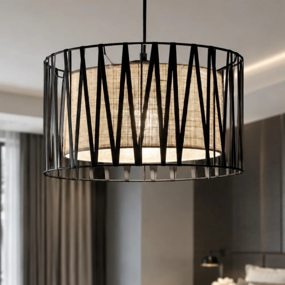 Lampadario Camera Da Letto-Selezionato da Mazzolaluce Lampadario tessuto nero design moderno cilindro per camera da letto