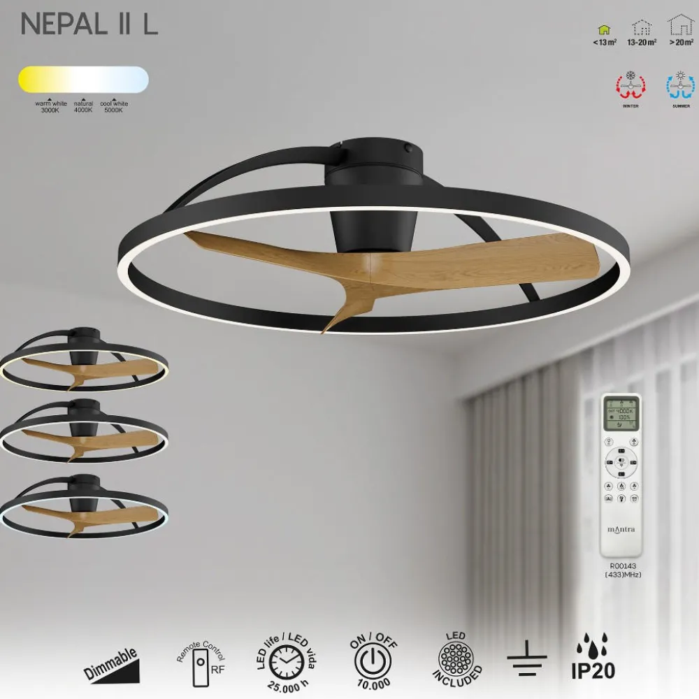 Ventilatori Da Soffitto-Selezionato da Mazzolaluce Lampadario ventilatore con pale moderno nero legno luce led cct max 13mq