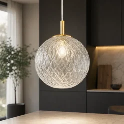 Lampade A Sospensione-Selezionato da Mazzolaluce Lampada sfera 21 cm a sospensione oro vetro trasparente rigato stile contemporaneo