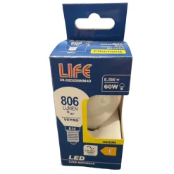 Lampadine Led-Life Electronics Lampadina e14 led 6,5w 4000k 806lm vetro bianco life mini sfera milky