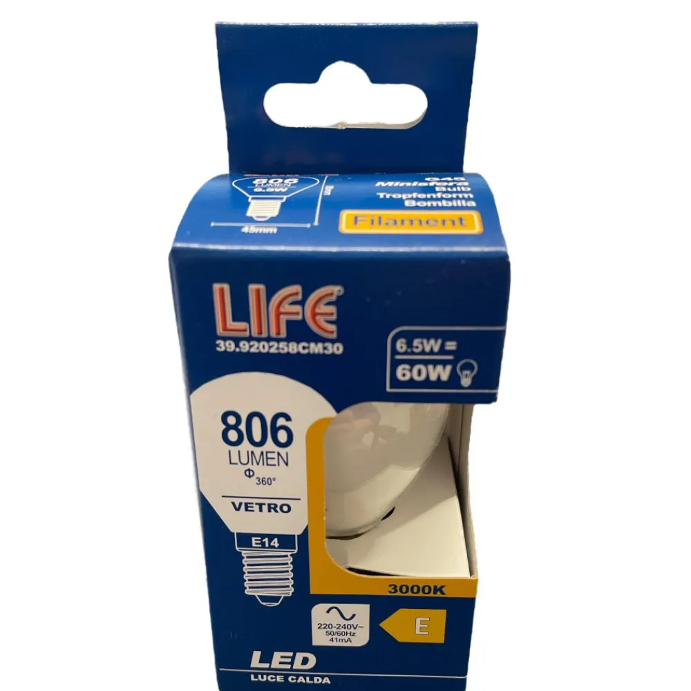 Lampadine Led-Life Electronics Life lampadina e14 led 6,5w 3000k 806lm mini sfera bianca vetro milky