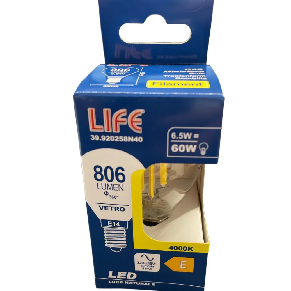 Lampadine Led-Life Electronics Life lampadina e14 led 6,5w 4000k 806lm sfera vetro trasparente