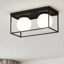 Plafoniere Moderne-Ideal Lux Lingotto pl2 plafoniera nera rettangolare due luci sfere bianco opaco