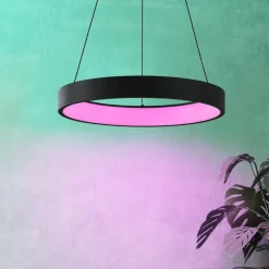 Lampadari Moderni-Eglo Marghera z lampadario moderno tondo nero led rgb da 2700k a 6500k