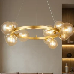 Lampadari Moderni-Maytoni dallas lampadario per soggiorno moderno dorato sfere vetro ambra