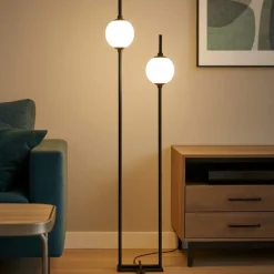 Lampade Da Terra-Maytoni lampada da terra moderna nera led 3000k due luci sferiche the sixth sense