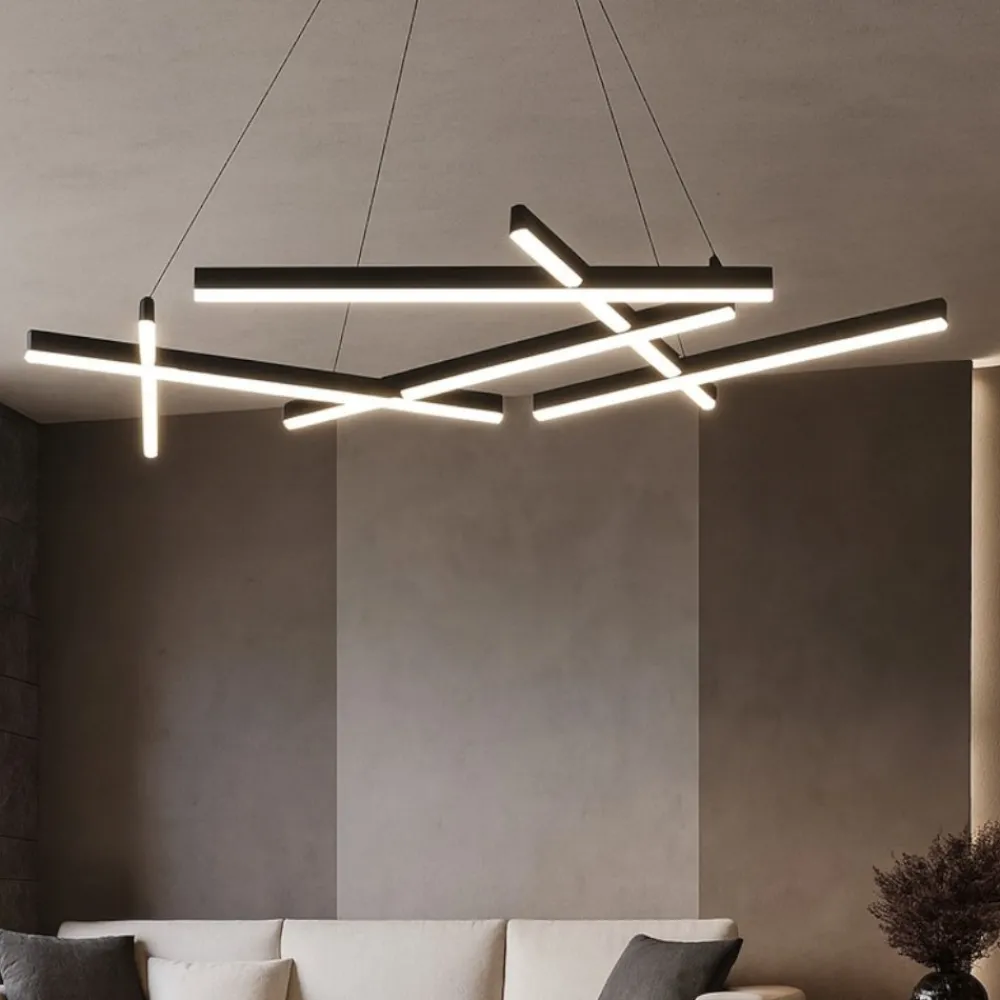 Lampadari Moderni-Maytoni lampadario line tagli di luce moderno led 75w 3000k nero per soggiorno