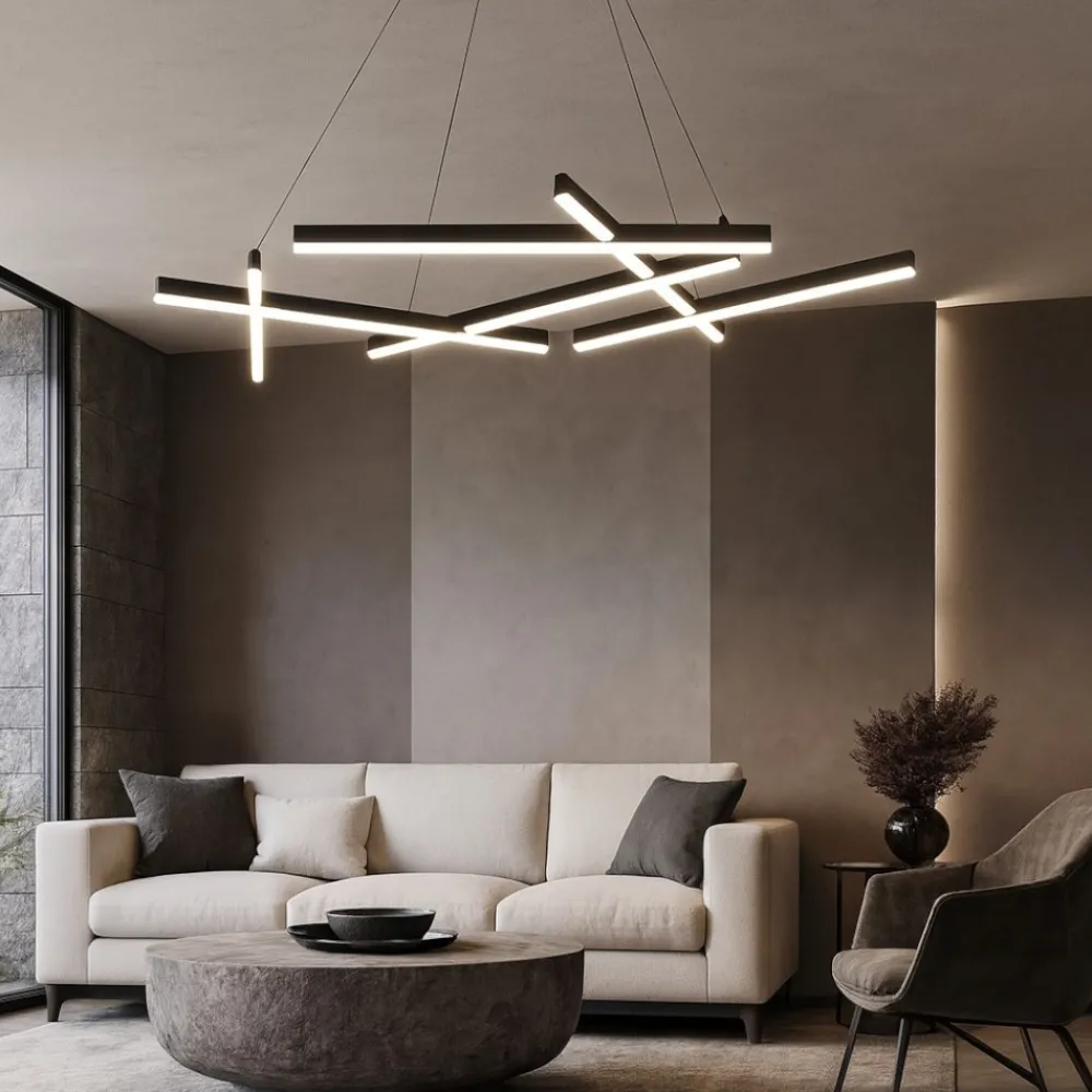 Lampadari Moderni-Maytoni lampadario line tagli di luce moderno led 75w 3000k nero per soggiorno