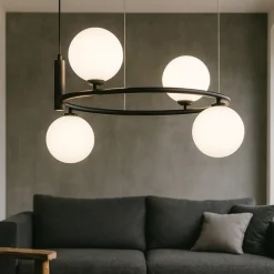 Lampadari Moderni-Maytoni ring lampadario circolare nero sfere vetro bianco per soggiorno moderno