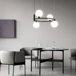Lampadari Moderni-Maytoni ring lampadario circolare nero sfere vetro bianco per soggiorno moderno