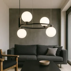 Lampadari Moderni-Maytoni ring lampadario circolare nero sfere vetro bianco per soggiorno moderno