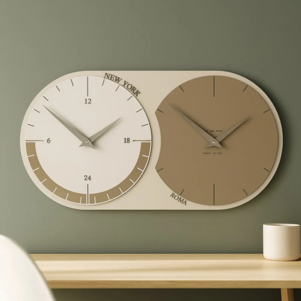Orologi Da Parete Moderni-Selezionato da Mazzolaluce Moderno orologio da muro fusi orari 2 caffelatte e bianco in legno