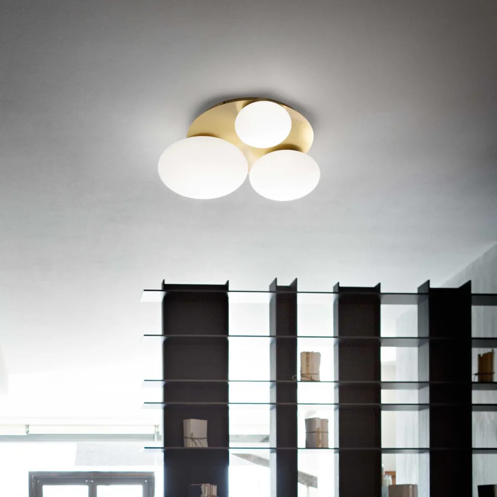 Plafoniere Moderne-Ideal Lux Ninfea pl3 plafoniera ottone 3 sfere vetro bianco per interni