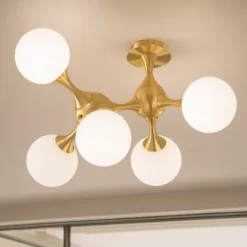 Plafoniere Moderne-Ideal Lux Nodi pl5 plafoniera moderna nodi ottone 5 sfere bianche