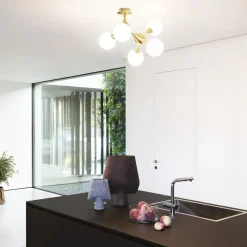 Plafoniere Moderne-Ideal Lux Nodi pl5 plafoniera moderna nodi ottone 5 sfere bianche