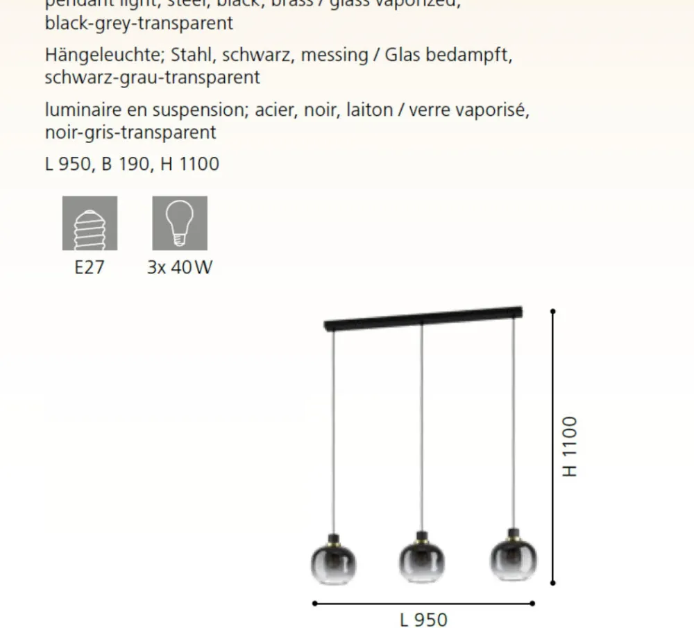 Lampadari Cucina-Eglo Oilella lampadario per cucina vetri trasparente nero