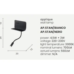 Applique Camera Da Letto-Ondaluce ap stan applique comodino camera da letto presa usb orientabile nera