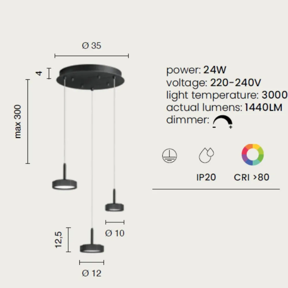 Lampadari Cucina-Ondaluce lampadario da cucina nina 3 luci nere led 24w 3000k dimmerabile