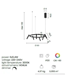 Lampadari Moderni-Ondaluce lampadario moderno teddy 6 luci orientabili tortora led 3000k dimmerabile