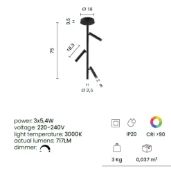 Plafoniere Moderne-Ondaluce plafoniera moderna teddy nera 3 luci orientabili led 3000k dimmerabile