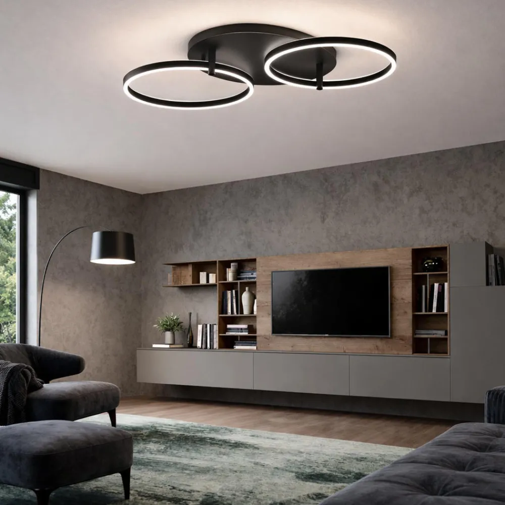Plafoniere Moderne-Ondaluce sabe plafoniera nera moderna due cerchi led orientabili 3000k dimmerabile