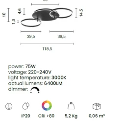Plafoniere Moderne-Ondaluce sabe plafoniera nera moderna due cerchi led orientabili 3000k dimmerabile