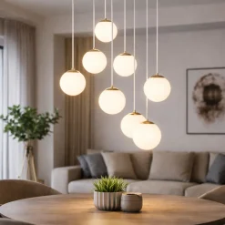 Lampadari Moderni-Ondaluce santos lampadario a sospensione oro moderno 8 luci 60w 3000k sfere vetro bianco