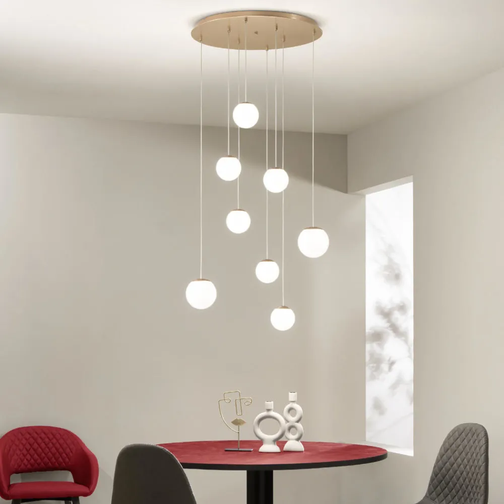 Lampadari Moderni-Ondaluce santos lampadario a sospensione oro moderno 8 luci 60w 3000k sfere vetro bianco