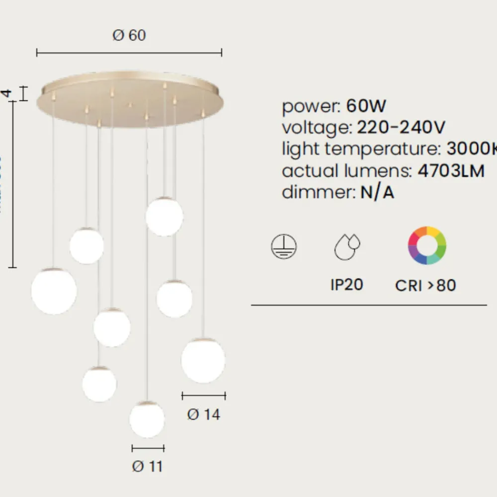 Lampadari Moderni-Ondaluce santos lampadario a sospensione oro moderno 8 luci 60w 3000k sfere vetro bianco