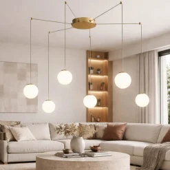 Lampadari Moderni-Ondaluce santos lampadario con sopensioni decentrate 6 luci vetri bianchi led 3000k