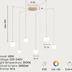 Lampadari Moderni-Ondaluce santos lampadario con sopensioni decentrate 6 luci vetri bianchi led 3000k