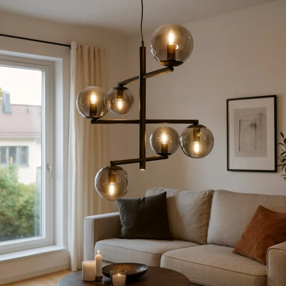 Lampadari Moderni-Ondaluce so gizah lampadario moderno nero da soggiorno 6 luci vetri fume