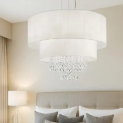 Lampadario Camera Da Letto-Ideal Lux Opera sp6 lampadario stanza da letto paralume bianco con cristalli