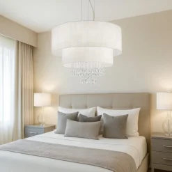 Lampadario Camera Da Letto-Ideal Lux Opera sp6 lampadario stanza da letto paralume bianco con cristalli