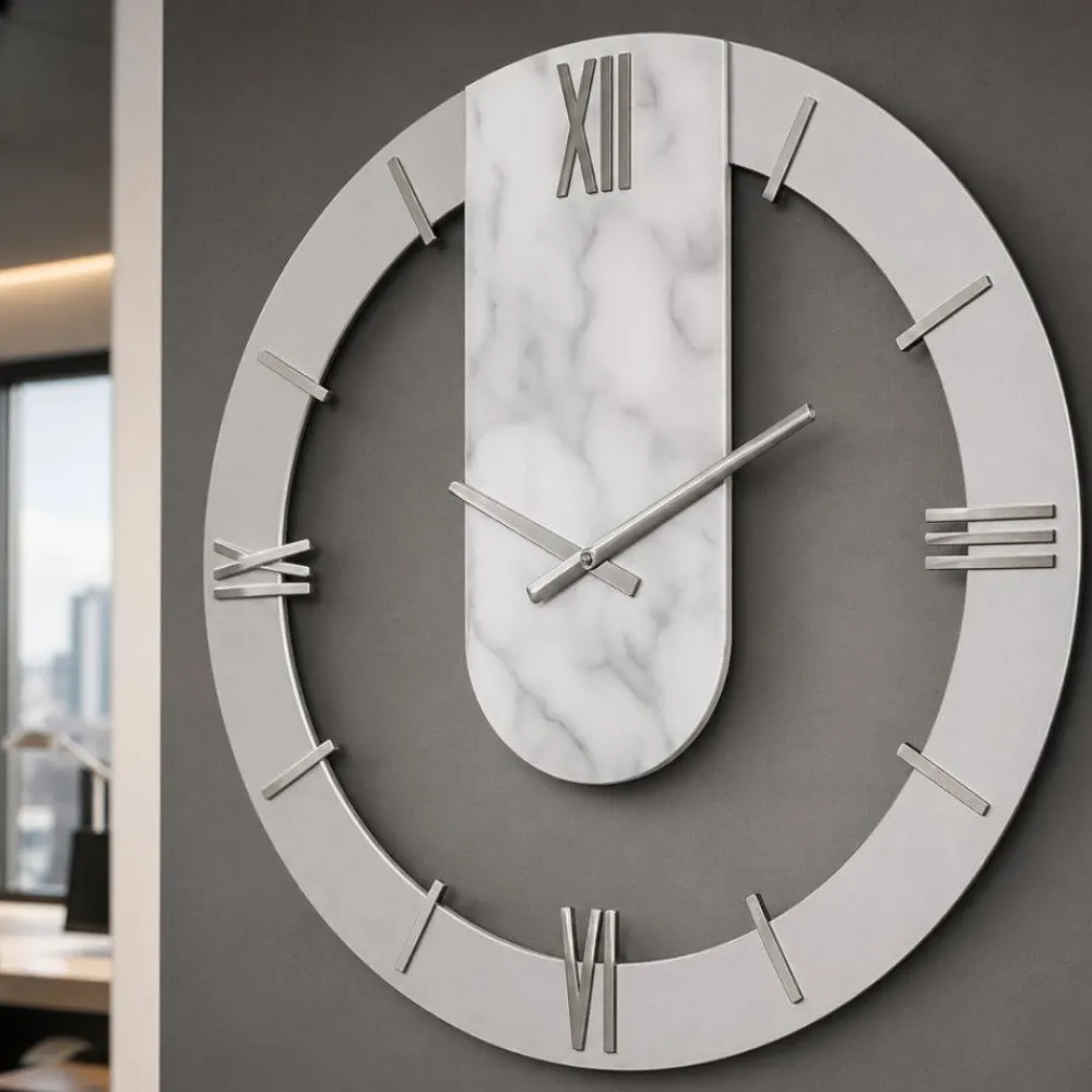 Orologi Da Parete Moderni-Selezionato da Mazzolaluce Orologio a parete rotondo effetto marmo dettagli foglia argento 50cm