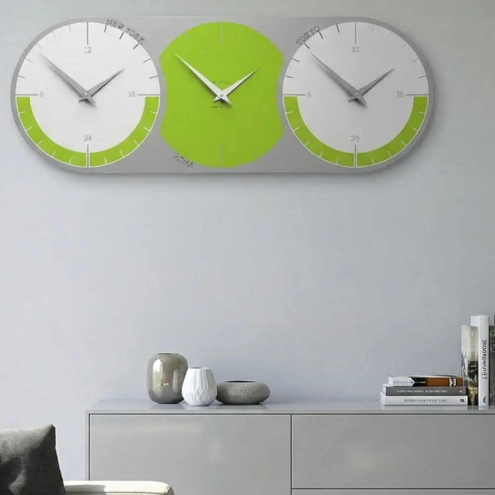 Orologi Da Parete Moderni-Selezionato da Mazzolaluce Orologio da muro moderno verde mela bianco grigio 3 fusi orari in legno