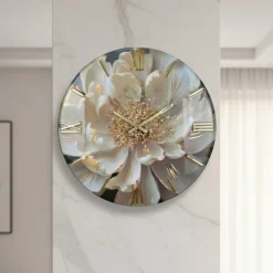 Orologi Da Parete Moderni-Selezionato da Mazzolaluce Orologio da parete 40cm fiore bianco foglia oro cristalli in resina
