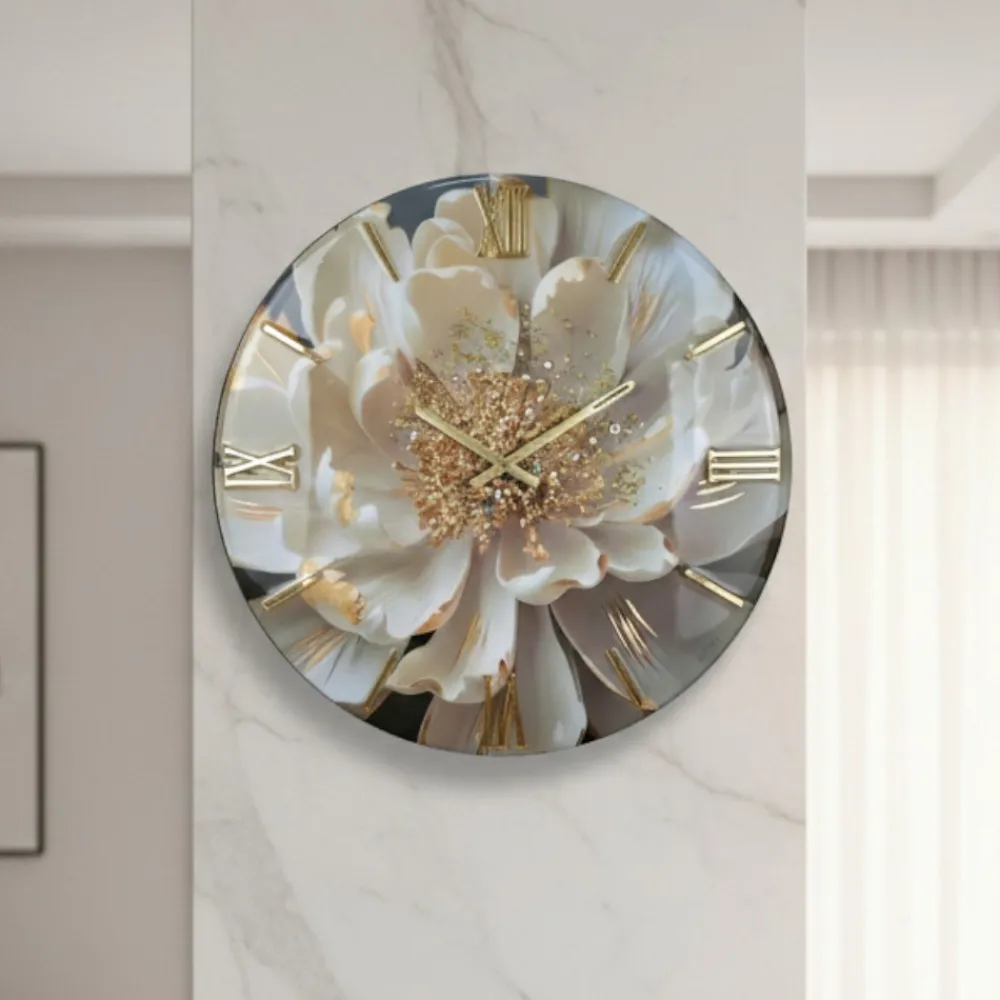 Orologi Da Parete Moderni-Selezionato da Mazzolaluce Orologio da parete 40cm fiore bianco foglia oro cristalli in resina