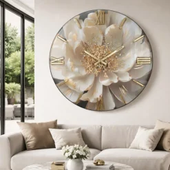 Orologi Da Parete Moderni-Selezionato da Mazzolaluce Orologio da parete 80cm fiore peonia resina decoro oro cristalli