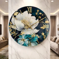 Orologi Da Parete Moderni-Selezionato da Mazzolaluce Orologio da parete 60cm floreale rotondo resina cristalli oro
