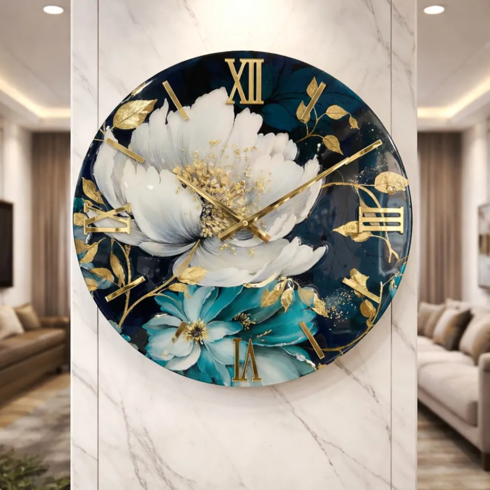 Orologi Da Parete Moderni-Selezionato da Mazzolaluce Orologio da parete 60cm floreale rotondo resina cristalli oro