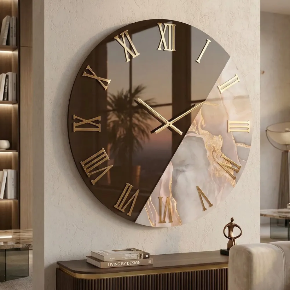 Orologi Da Parete Moderni-Selezionato da Mazzolaluce Orologio da parete 80 cm specchio bronzo resina effetto marmo cipria