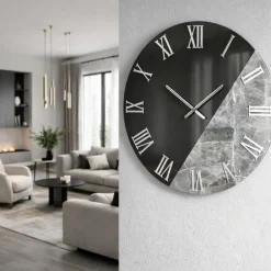 Orologi Da Parete Moderni-Selezionato da Mazzolaluce Orologio da parete 60 cm specchio fume effetto marmo grigio scuro rotondo