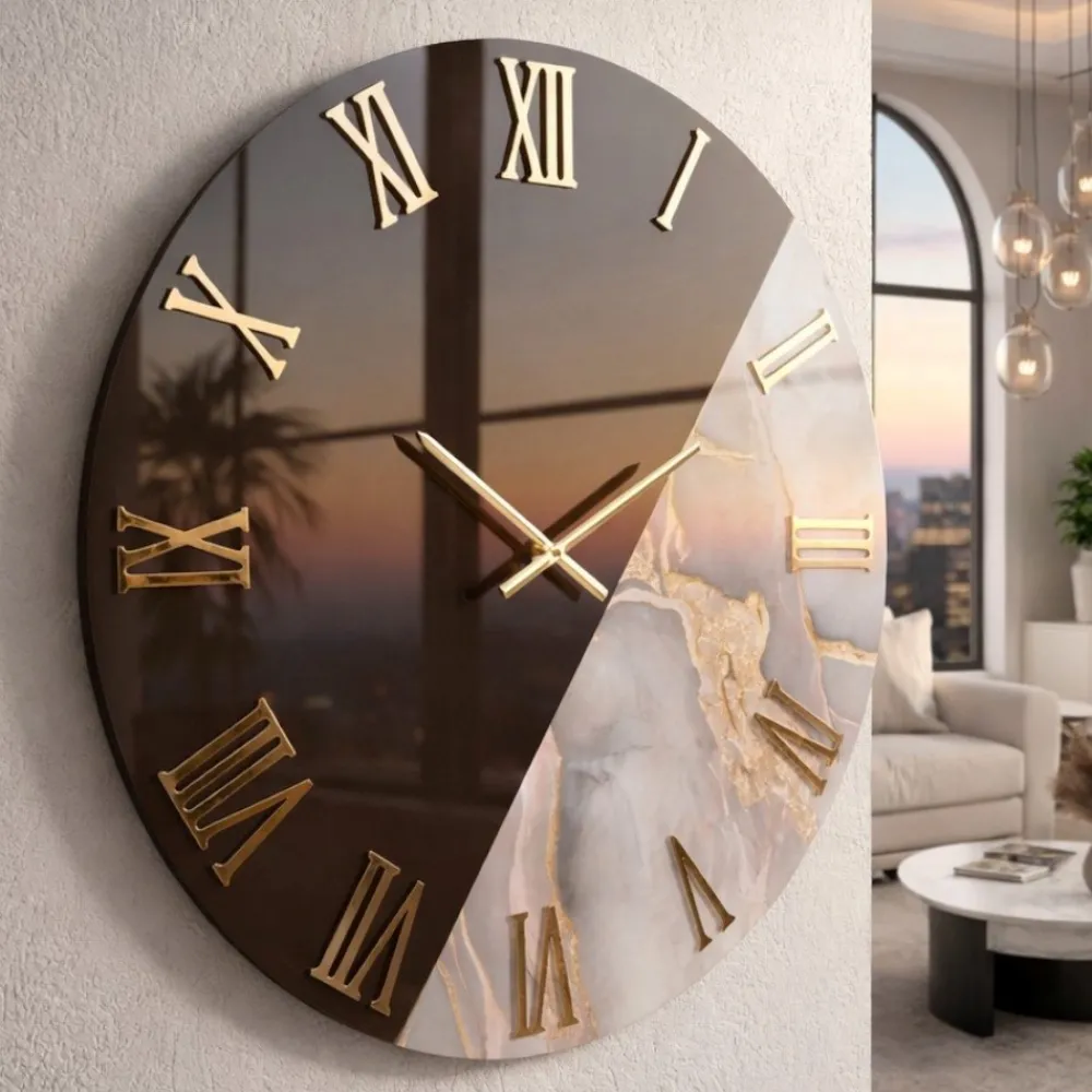 Orologi Da Parete Moderni-Selezionato da Mazzolaluce Orologio da parete 60 cm tondo specchiato bronzo effetto marmo cipria